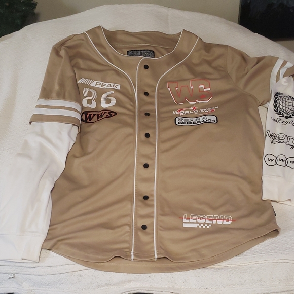 Tan White Button-Up Racing Jersey Long Sleeve Speedway Moto WWS RACING like new - Picture 1 of 15